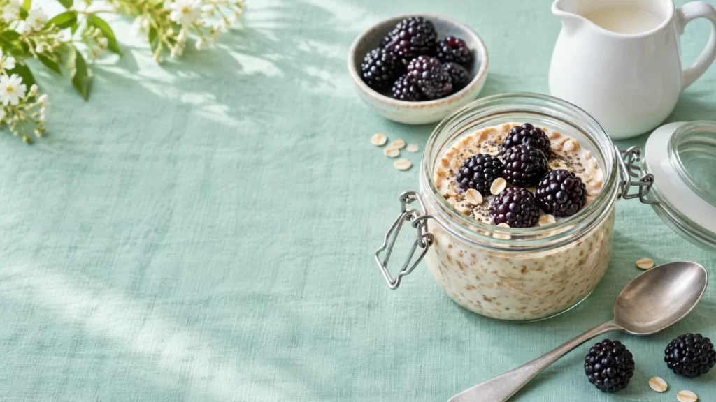 A jar of soaked oats and blackberries beside a white pitcher on mint linen.