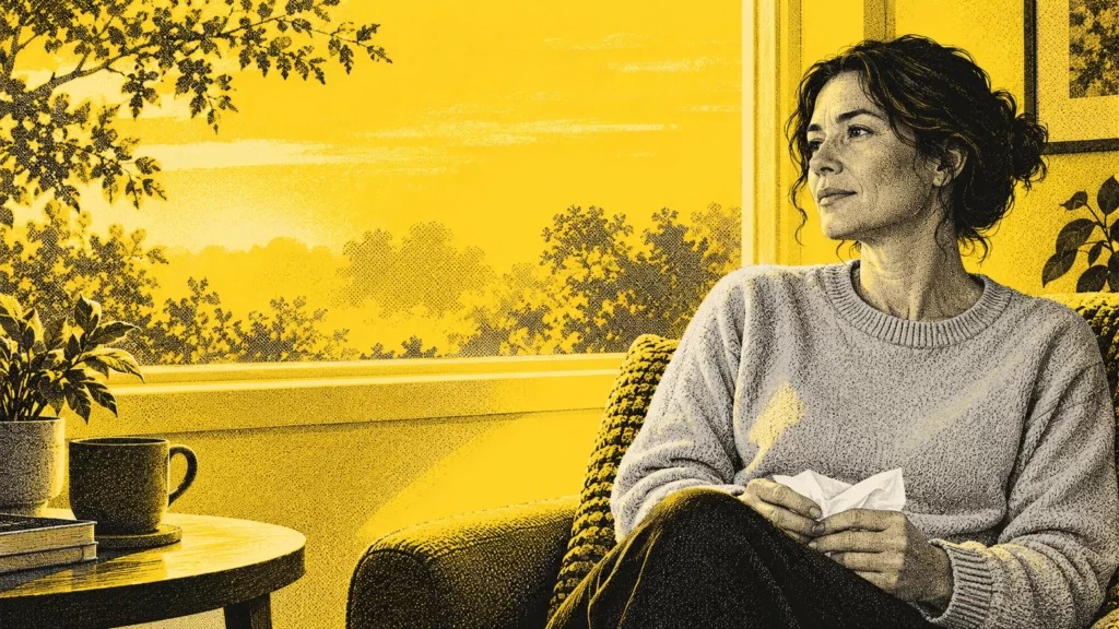 Yellow and black halftone illustration of a fictional adult seated by a window holding a tissue.