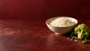 A bowl of cooked rice and a green cauliflower floret on a burgundy table.