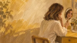 Mustard and umber pastel illustration of a fictional adult looking into a handheld mirror.