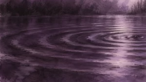 Charcoal and lavender watercolor ripples across a plum-colored pool.