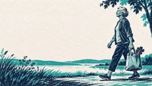 Teal and indigo linocut illustration of a fictional older adult carrying a grocery tote.