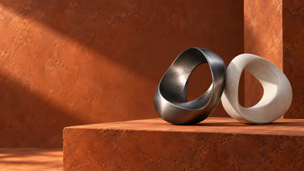 Gunmetal and pale-stone sculptural loops resting on a rust-colored clay plinth.