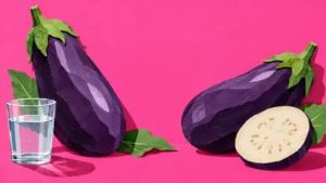 A pink and violet paper collage of eggplants beside a glass of water.