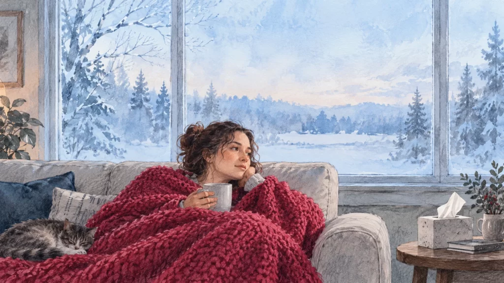 An adult resting beneath a raspberry blanket in an ice-blue watercolor interior.