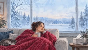 An adult resting beneath a raspberry blanket in an ice-blue watercolor interior.