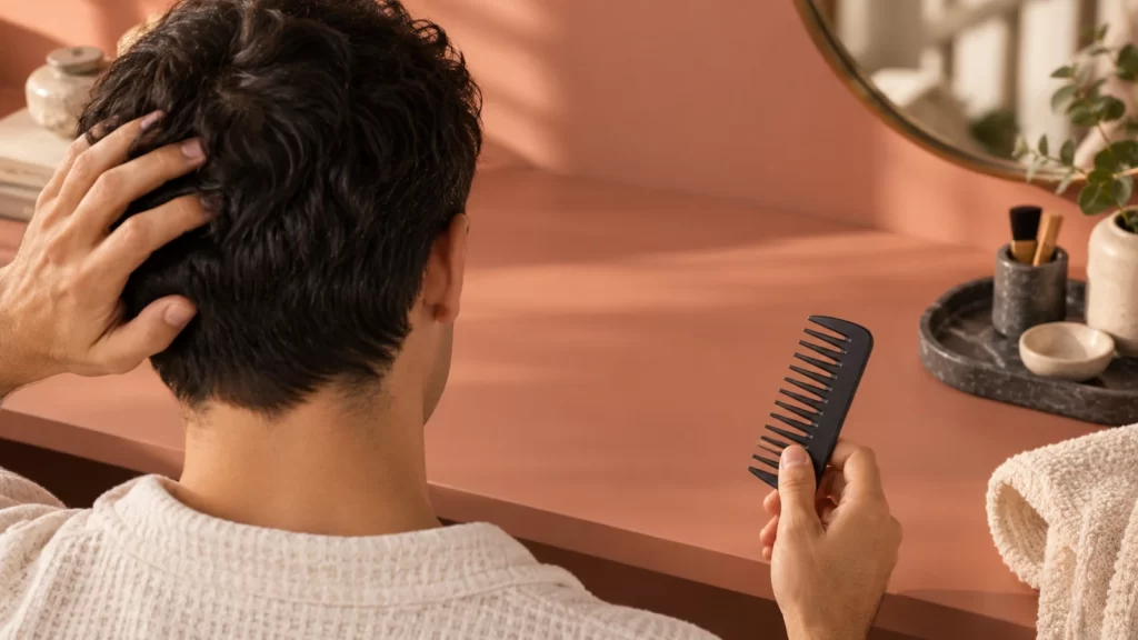 An adult with dark hair holding a comb beside a salmon-colored wall and mirror.
