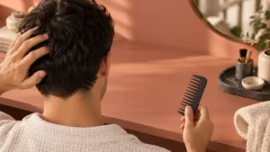 An adult with dark hair holding a comb beside a salmon-colored wall and mirror.