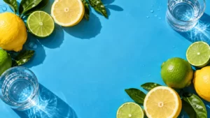 Overhead photograph of lemon and lime slices with water glasses on a cyan table.
