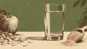 Olive and oat-cream risograph illustration of a water glass, powder scoop, apple and grains.
