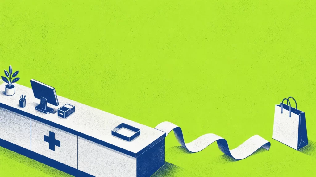 A navy isometric pharmacy counter and blank receipt against an acid-green background.
