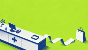 A navy isometric pharmacy counter and blank receipt against an acid-green background.
