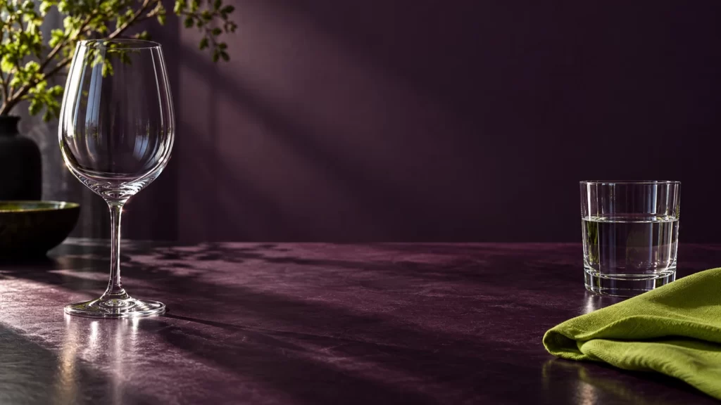 An empty wine glass and a water glass on an aubergine table beside lime-colored fabric.