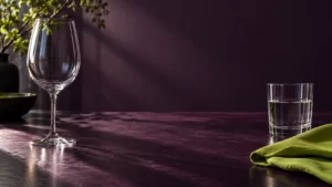 An empty wine glass and a water glass on an aubergine table beside lime-colored fabric.