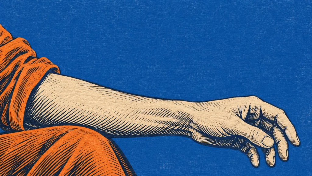 Cobalt and orange woodcut illustration of an arm and hand.
