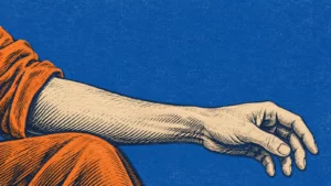 Cobalt and orange woodcut illustration of an arm and hand.
