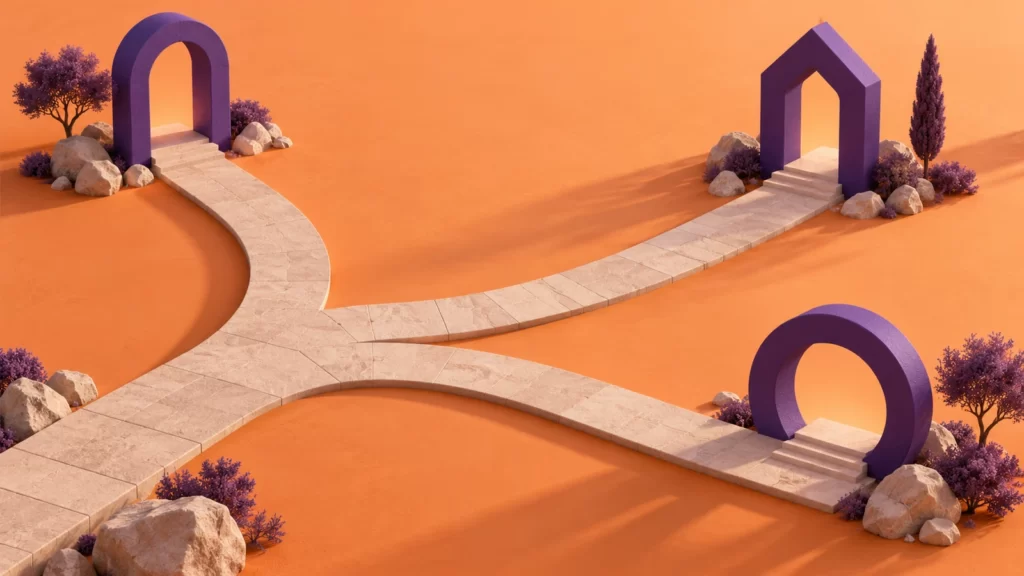 Three sculptural purple gateways linked by paths on an apricot background.