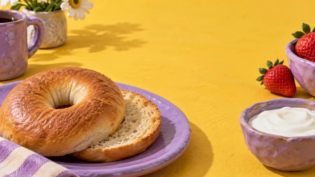 A bagel, yogurt and strawberries on yellow and lilac ceramics.