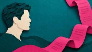 A teal cut-paper male profile with short hair beside a blank magenta receipt.