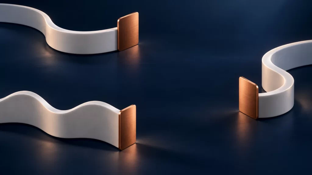 Separate white sculptural rails with copper end panels on a midnight-indigo surface.