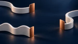Separate white sculptural rails with copper end panels on a midnight-indigo surface.