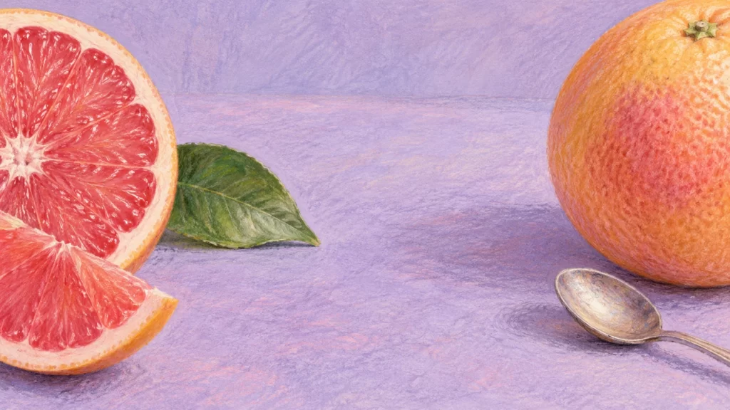 Pencil and pastel illustration of pink grapefruit, segments and a spoon on lavender.