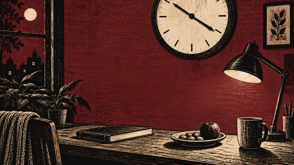 A wine-red woodcut of a night desk, clock, lamp and snack plate.