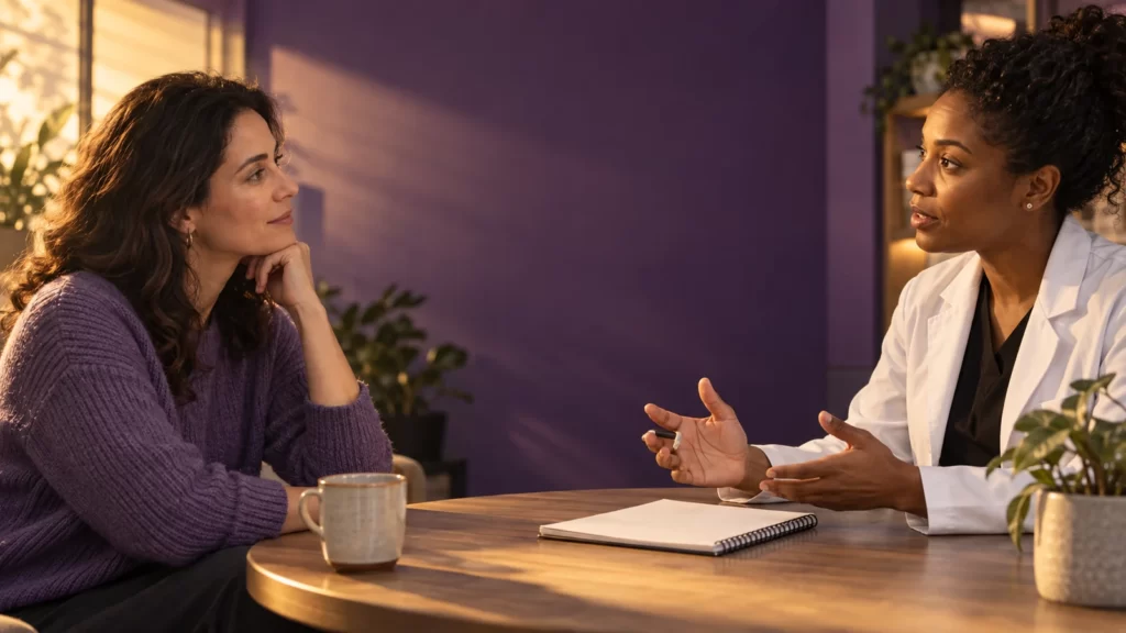 Two fictional adults discussing paperwork at a table in a violet and pale-gold pharmacy setting.