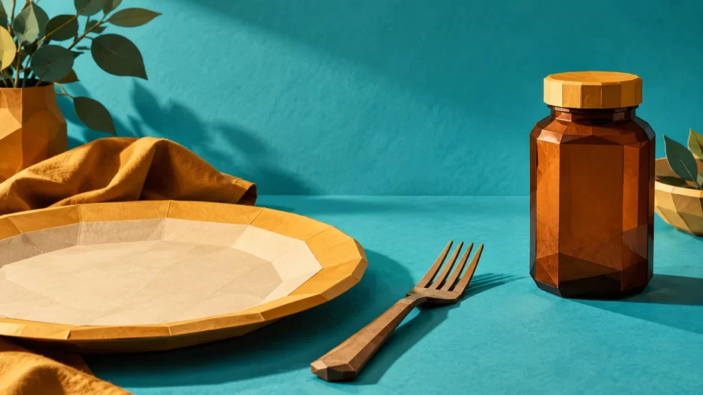 A folded-paper amber bottle, fork and plate against turquoise and ochre.