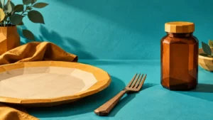 A folded-paper amber bottle, fork and plate against turquoise and ochre.