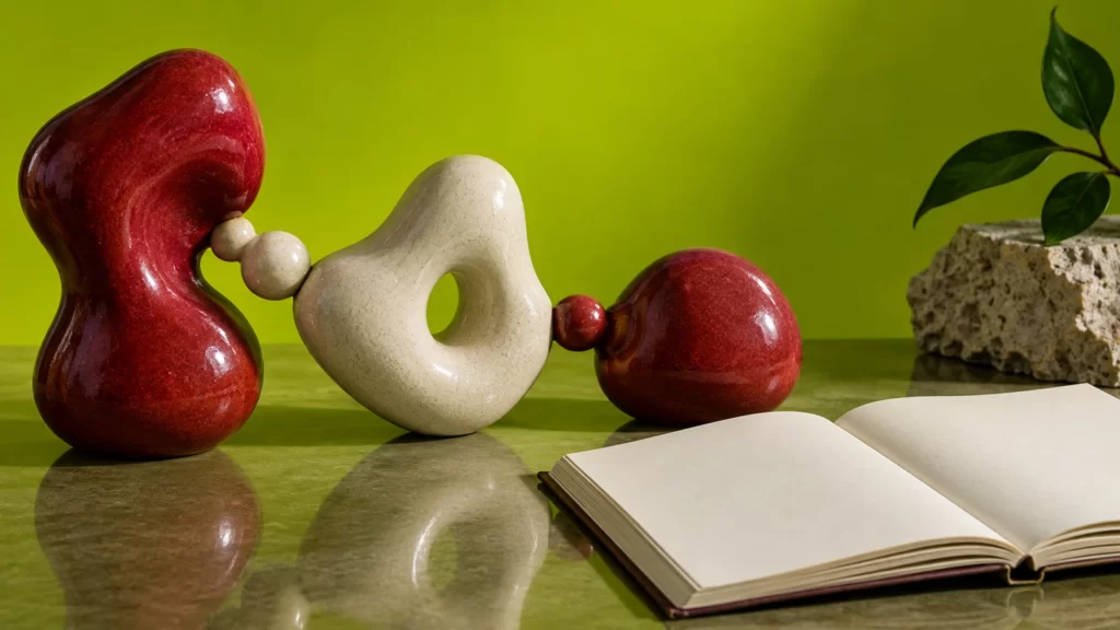 Three linked berry-colored ceramic forms beside a blank notebook on an acid-green surface.