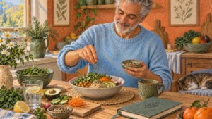 Colored-pencil illustration of an older adult preparing a meal beside a notebook and botanical pictures.