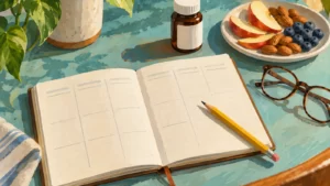 A painted desk scene with a planner, glasses, snack and closed unbranded bottle.
