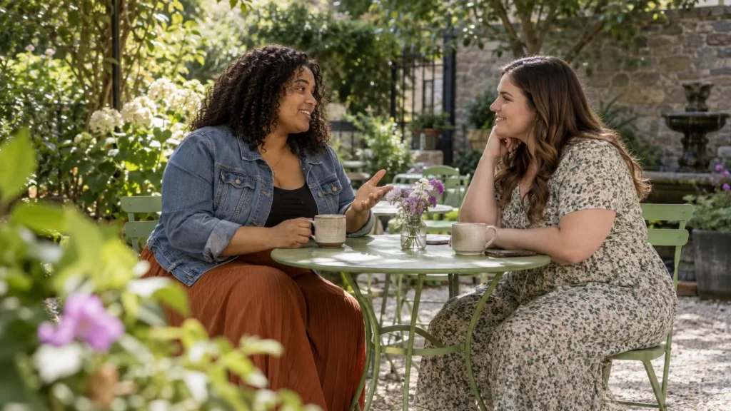 Two adults talking in a leafy garden with green chairs and violet flowers.