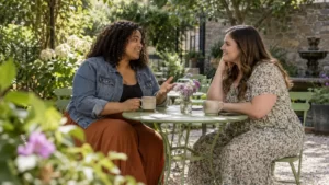 Two adults talking in a leafy garden with green chairs and violet flowers.
