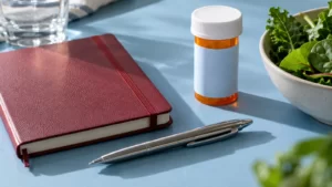 A cranberry-colored notebook, unbranded bottle, leafy greens and pen on a pale blue surface.