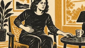 A charcoal and amber print of a seated adult holding a phone with a hand resting near the abdomen.