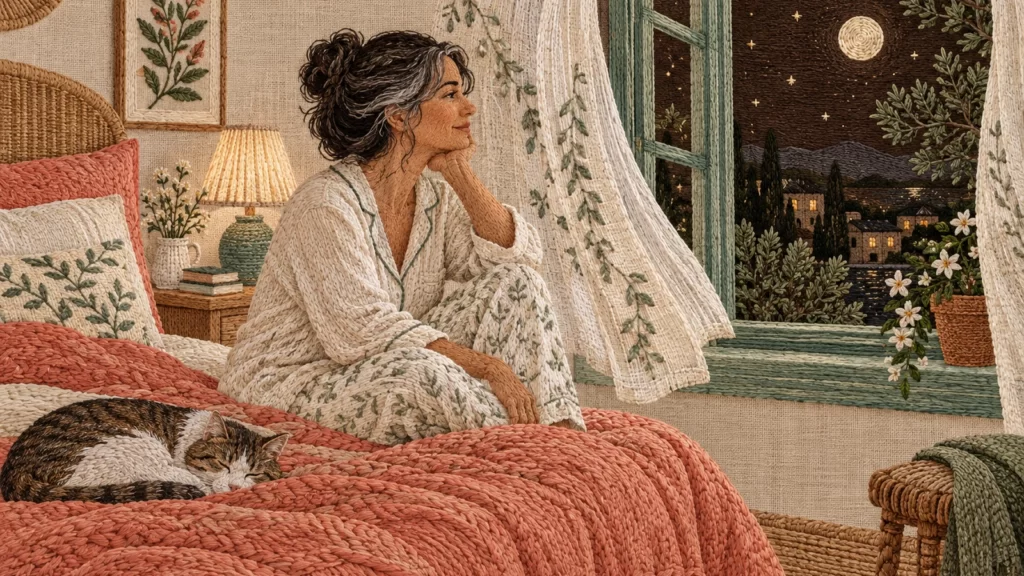 Embroidered illustration of an adult beside a bedroom window at night.