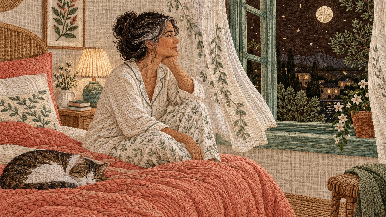 Illustrated woman beside a bedroom window and a sleeping cat.