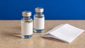 Two sealed unbranded clear-liquid vials beside a folded blue leaflet.