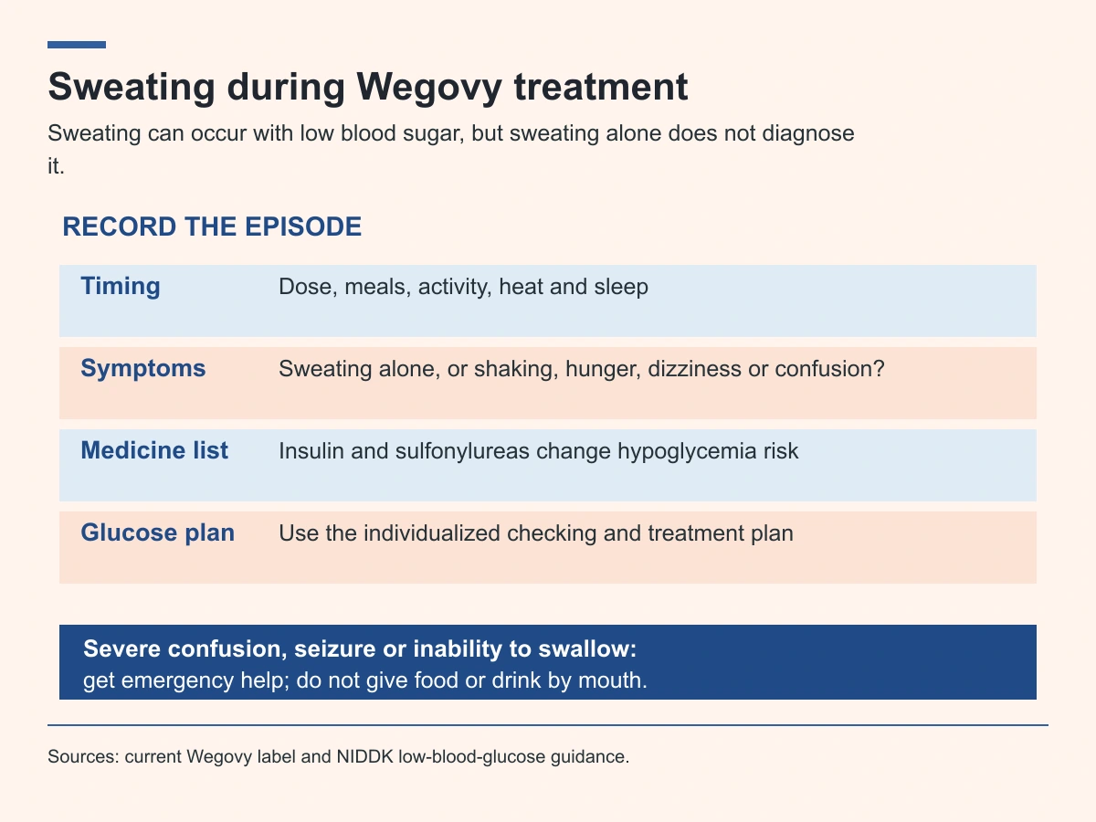 An episode record includes timing, accompanying symptoms, other medicines and the individual glucose plan; severe symptoms need emergency help.