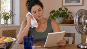 An adult beside a fan, notebook and glass of water in a bright peach-colored kitchen.