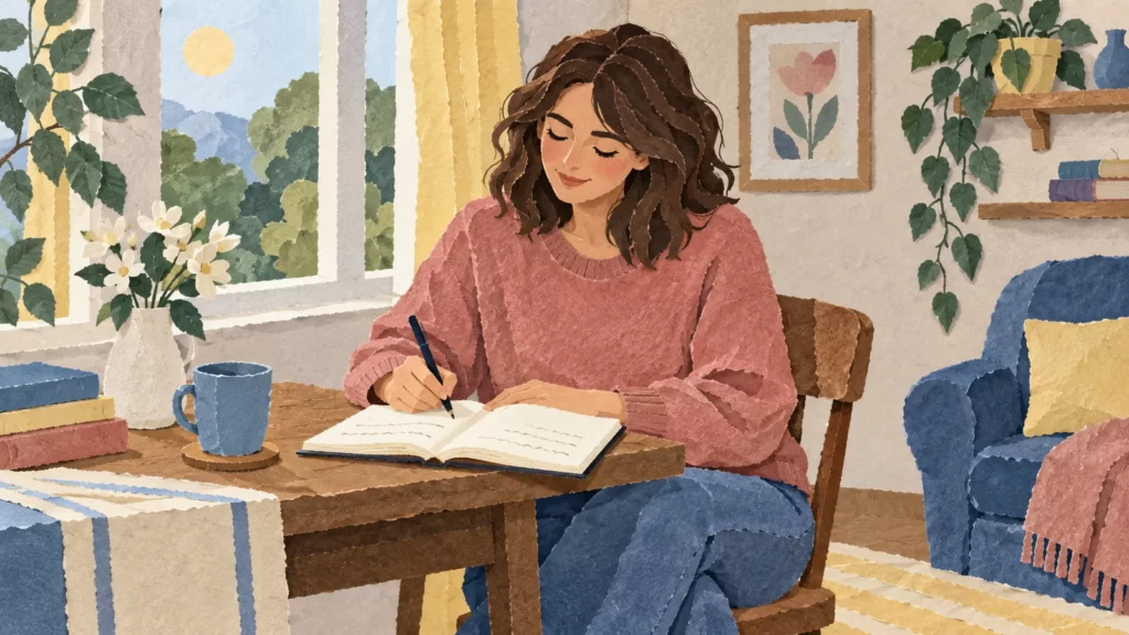 Paper-collage adult writing in a notebook in a rose and denim-colored room.