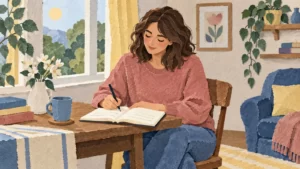 Paper-collage adult writing in a notebook in a rose and denim-colored room.