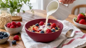 Milk poured into a burgundy bowl containing oats and berries.