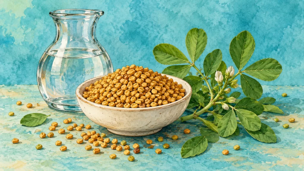 Watercolor of golden fenugreek seeds in a bowl beside a clear carafe and herb sprig.
