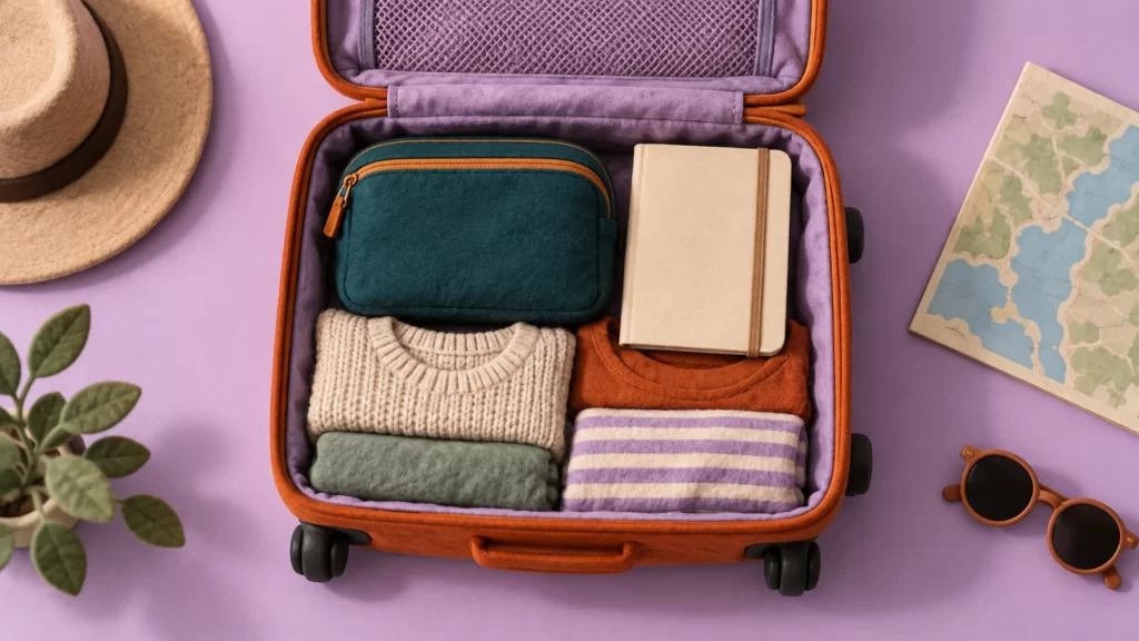 A lilac and rust-colored miniature carry-on containing a closed teal pouch and clothing.