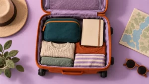 A lilac and rust-colored miniature carry-on containing a closed teal pouch and clothing.