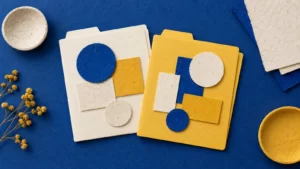 Cobalt and saffron paper collage of two folders with decorative shapes.