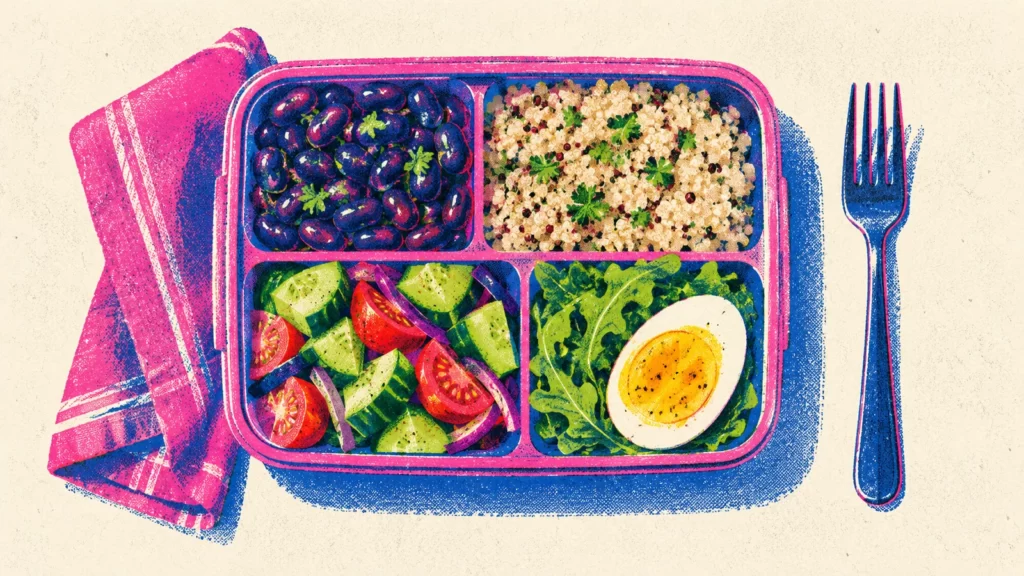 Fuchsia and chartreuse risograph lunchbox with grains, beans, vegetables and egg.